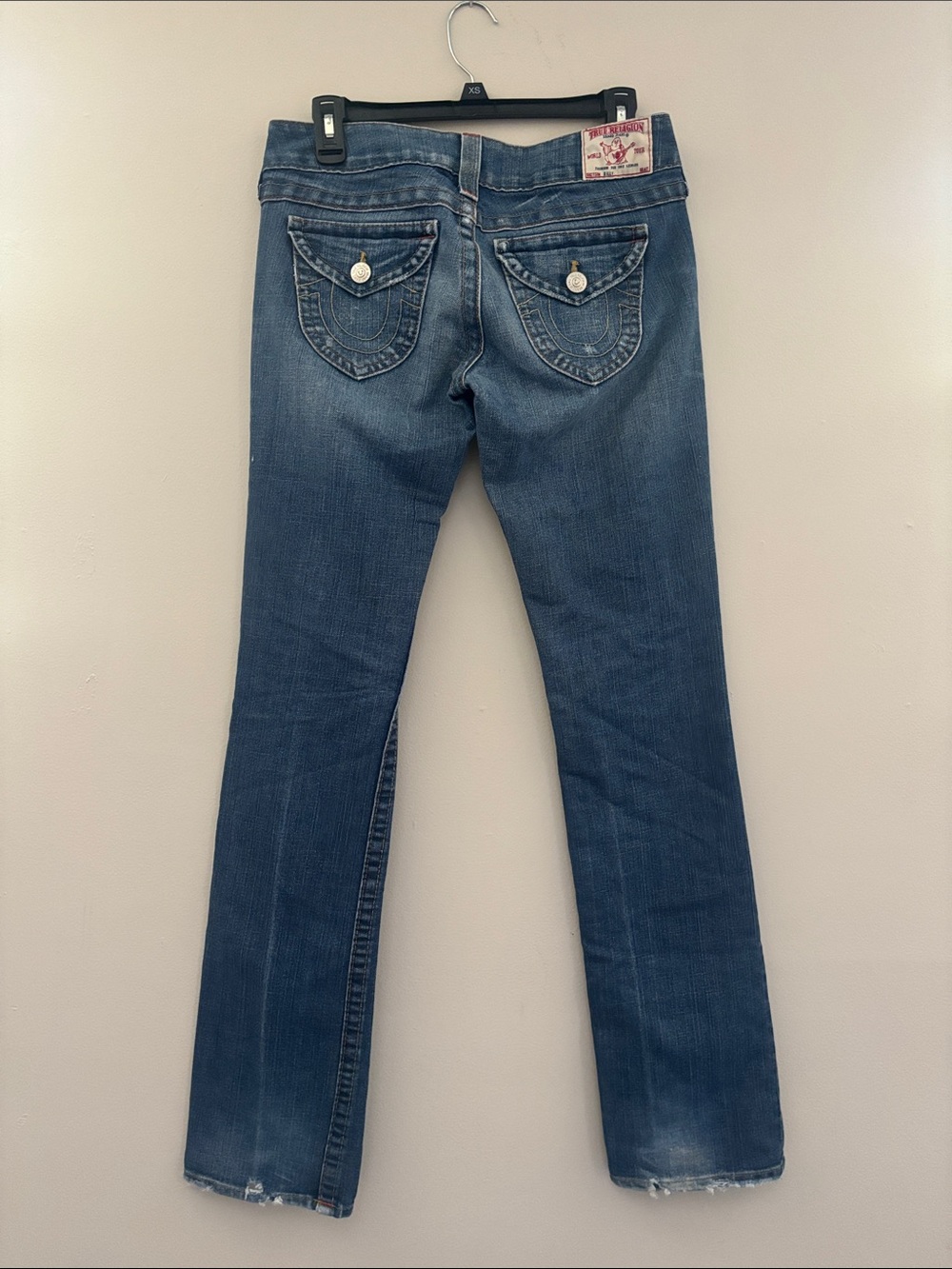 Y2K Low Rise True Religion Women’s Blue Boot-Cut Jeans with Flap Back Pockets